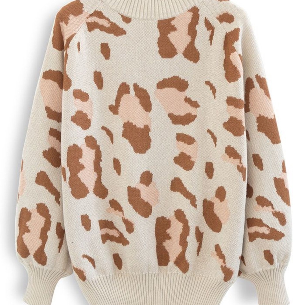 Cream and Pink High Neck Leopard Print Sweater with Textured Knit Women’s Size M